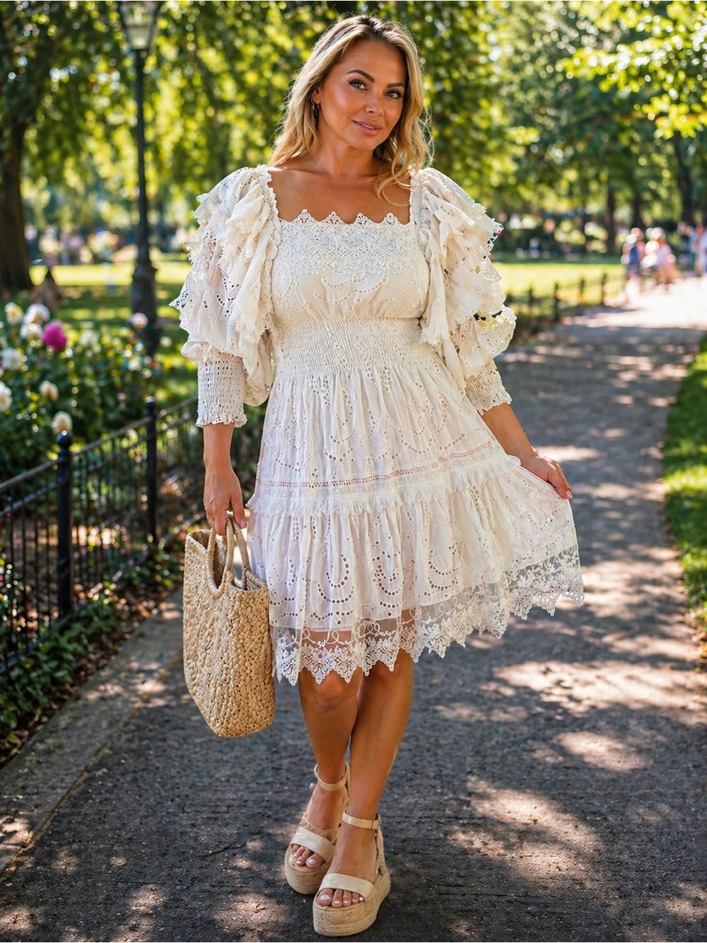 NWOT Ivory Eyelet Smocked Mini Dress with Puff Sleeves